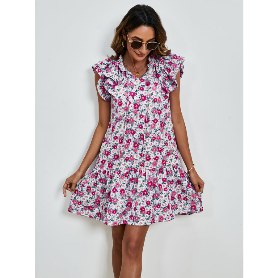 Tied Floral Cap Sleeve Mini Dress Cerise / S Apparel and Accessories