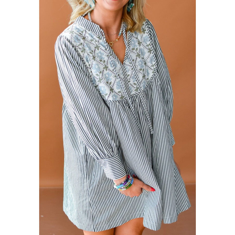 Tied Floral Printed Striped Long Sleeve Dress Stripe / S Apparel and Accessories