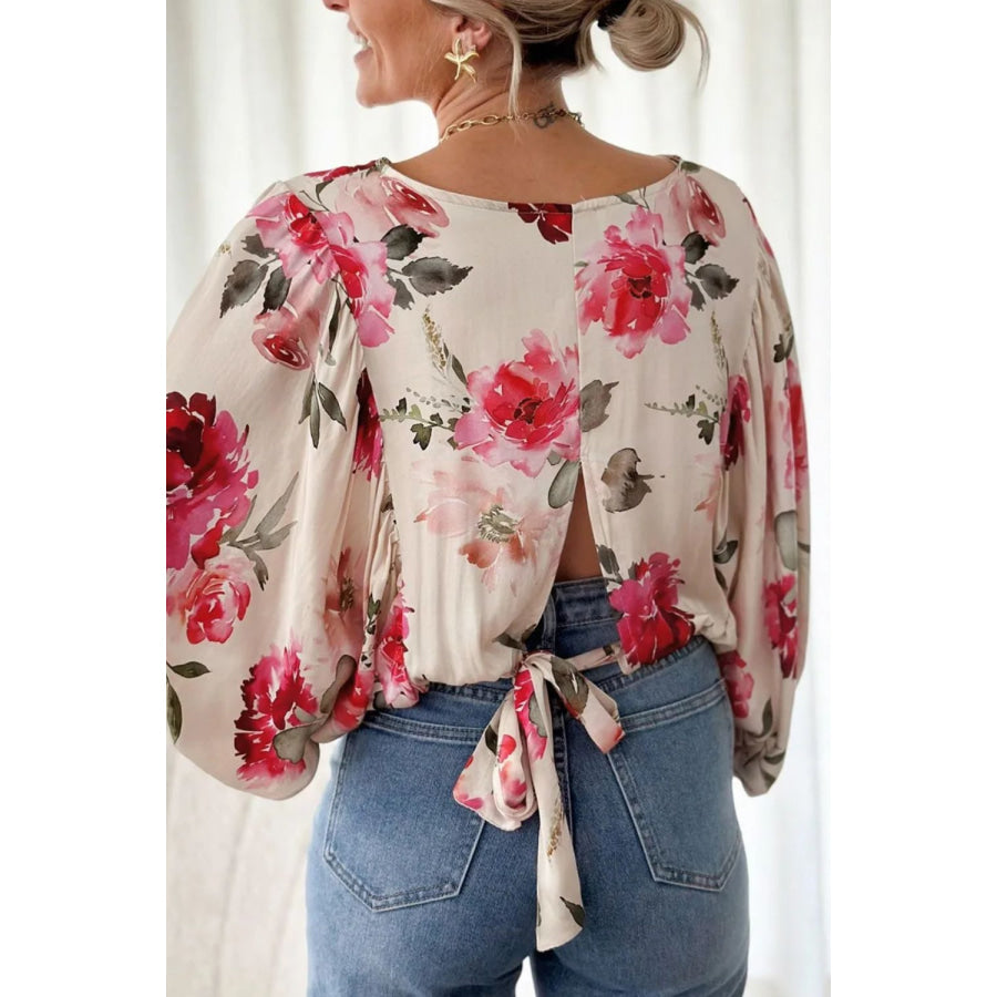 Tied Floral Round Neck Three-Quarter Sleeve Blouse Apparel and Accessories