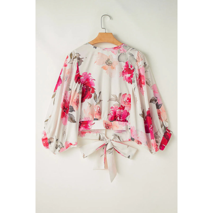 Tied Floral Round Neck Three-Quarter Sleeve Blouse Apparel and Accessories