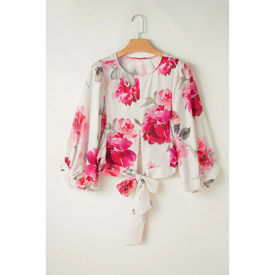 Tied Floral Round Neck Three-Quarter Sleeve Blouse Apparel and Accessories