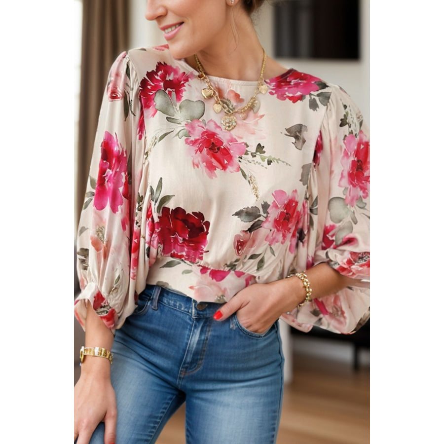 Tied Floral Round Neck Three-Quarter Sleeve Blouse Floral / S Apparel and Accessories