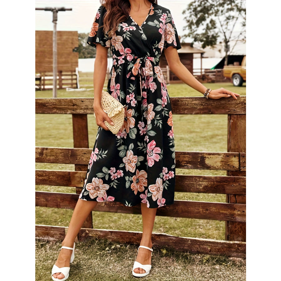 Tied Floral Surplice Short Sleeve Dress Apparel and Accessories