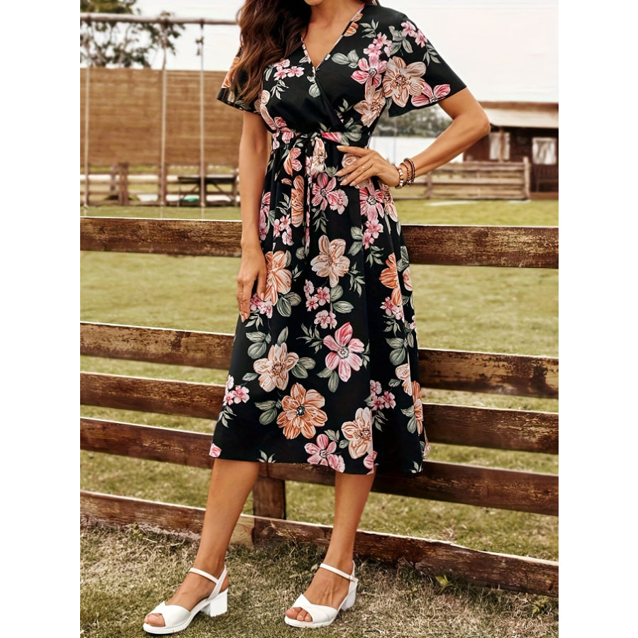 Tied Floral Surplice Short Sleeve Dress Apparel and Accessories