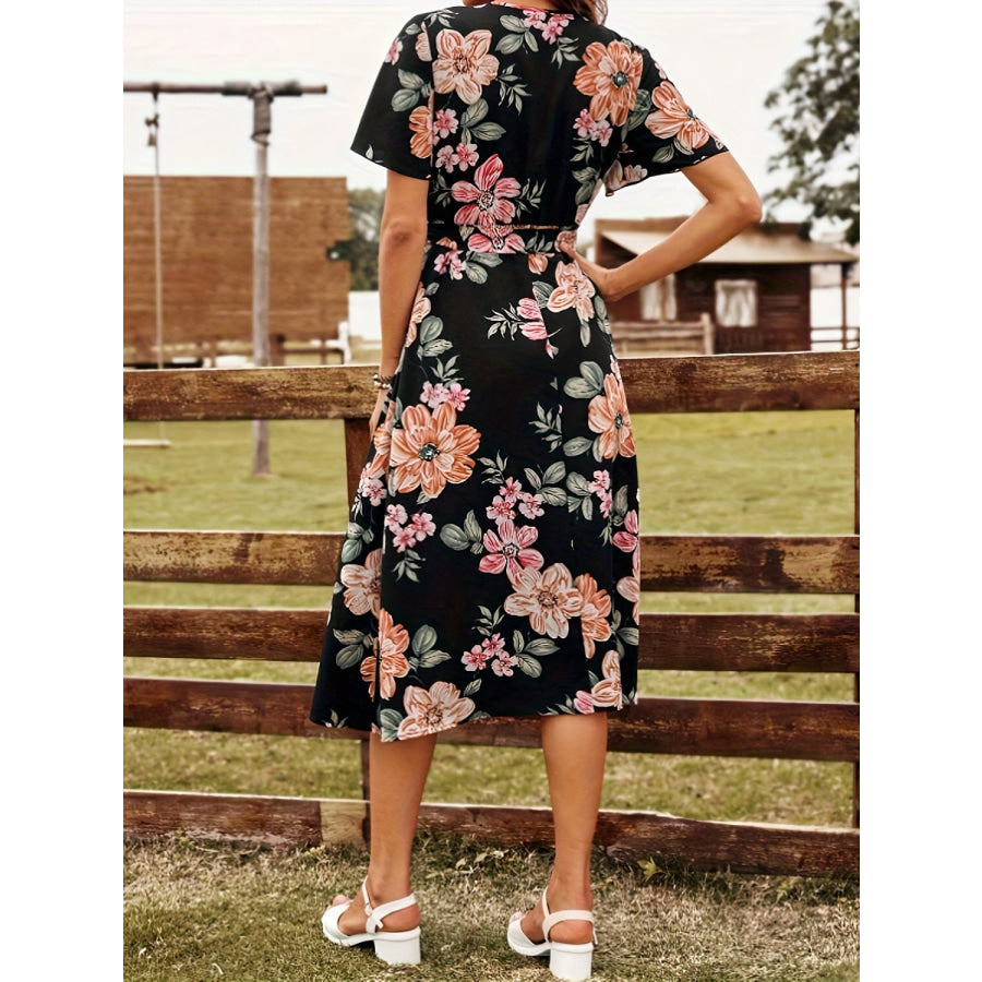 Tied Floral Surplice Short Sleeve Dress Black / S Apparel and Accessories