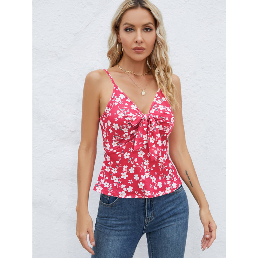 Tied Floral V - Neck Cami Deep Rose / S Apparel and Accessories