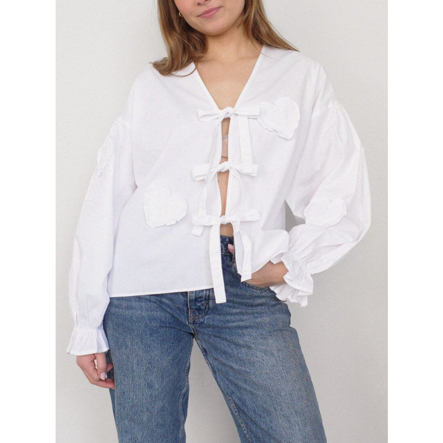 Tied Flounce Sleeve Blouse White / S Apparel and Accessories