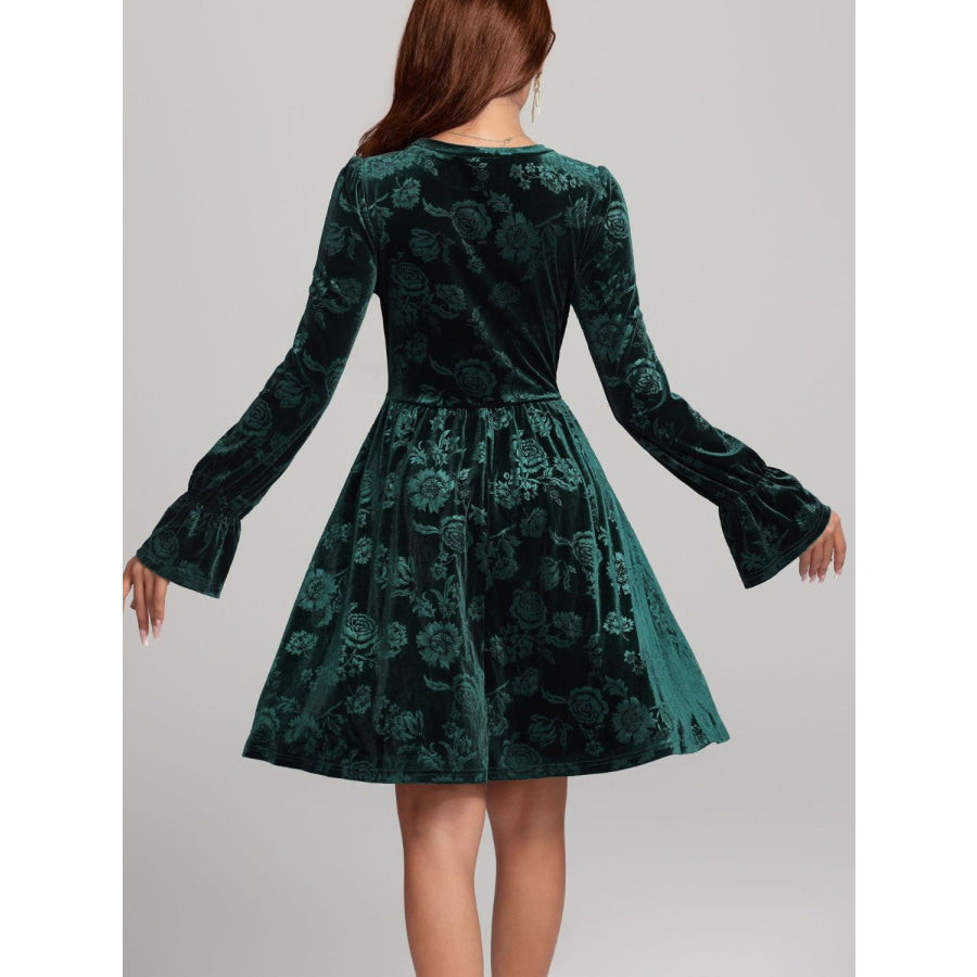 Tied Flower Print Round Neck Flounce Sleeve Dress Dark Green / S Apparel and Accessories