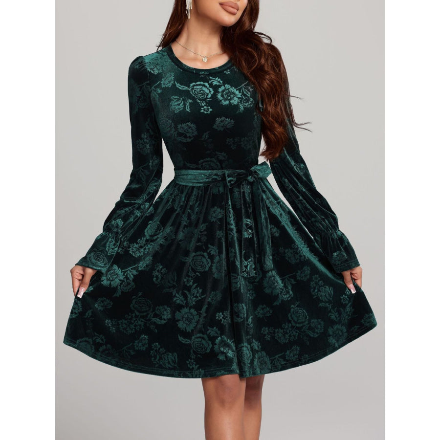 Tied Flower Print Round Neck Flounce Sleeve Dress Apparel and Accessories