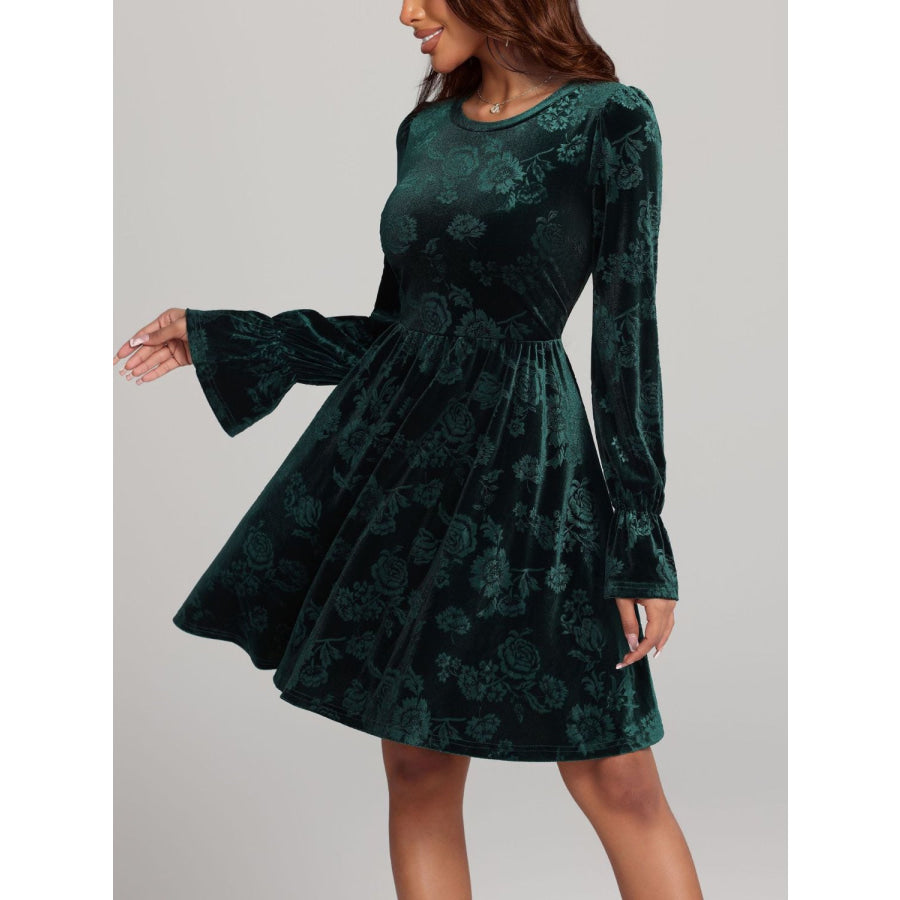 Tied Flower Print Round Neck Flounce Sleeve Dress Apparel and Accessories