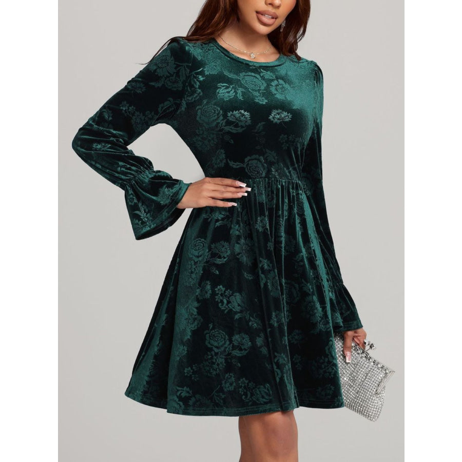 Tied Flower Print Round Neck Flounce Sleeve Dress Apparel and Accessories