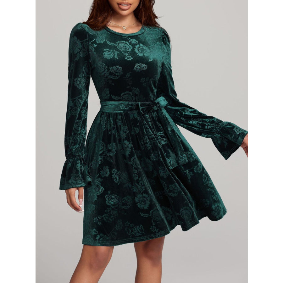 Tied Flower Print Round Neck Flounce Sleeve Dress Dark Green / S Apparel and Accessories