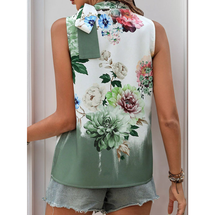 Tied Flower Printed Mock Neck Top Apparel and Accessories