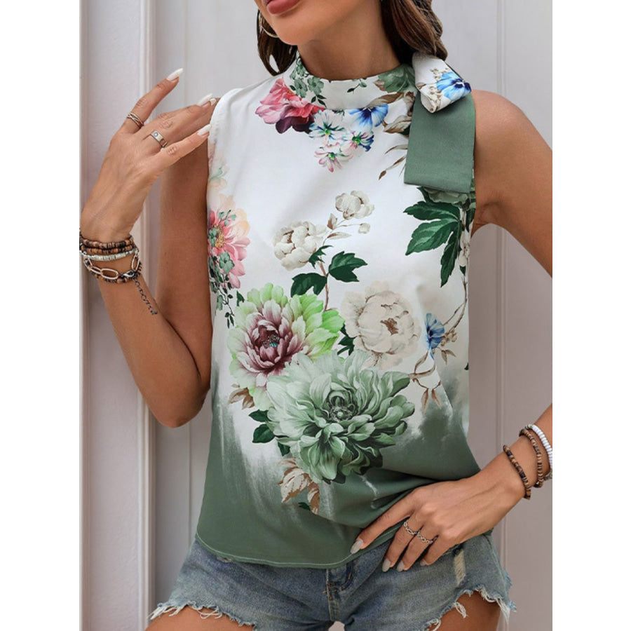 Tied Flower Printed Mock Neck Top Gum Leaf / S Apparel and Accessories