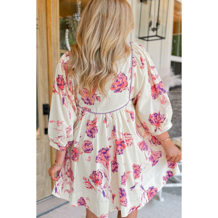 Tied Flower Printed Three-Quarter Sleeve Dress Apparel and Accessories