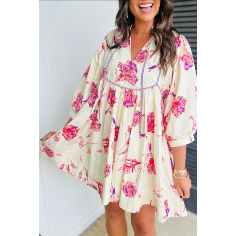 Tied Flower Printed Three-Quarter Sleeve Dress Apparel and Accessories