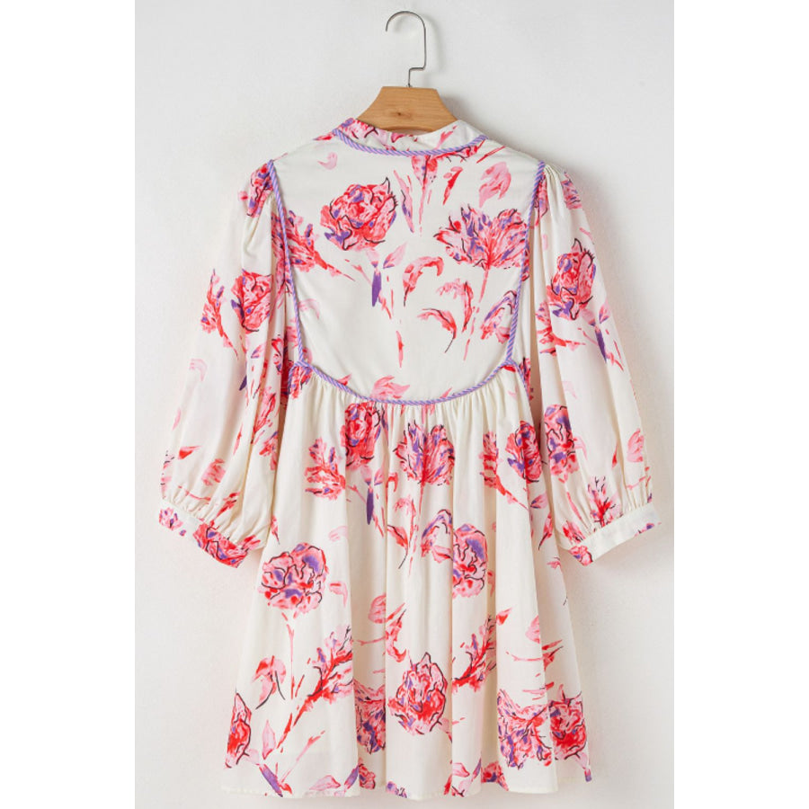 Tied Flower Printed Three-Quarter Sleeve Dress Apparel and Accessories