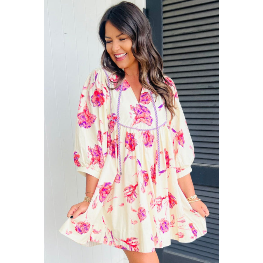 Tied Flower Printed Three-Quarter Sleeve Dress Apparel and Accessories