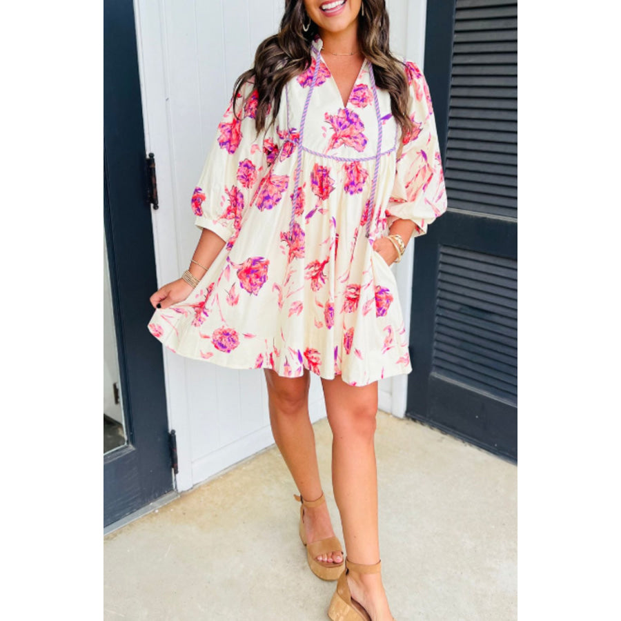 Tied Flower Printed Three-Quarter Sleeve Dress Apparel and Accessories