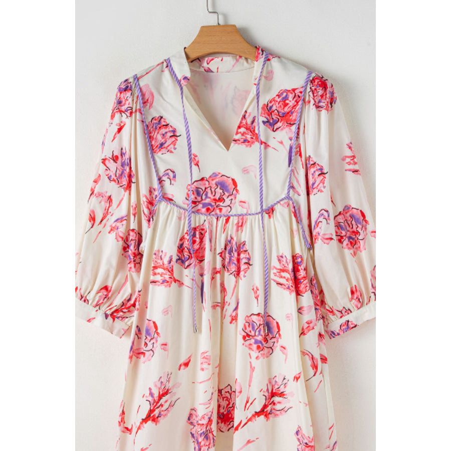 Tied Flower Printed Three-Quarter Sleeve Dress Apparel and Accessories