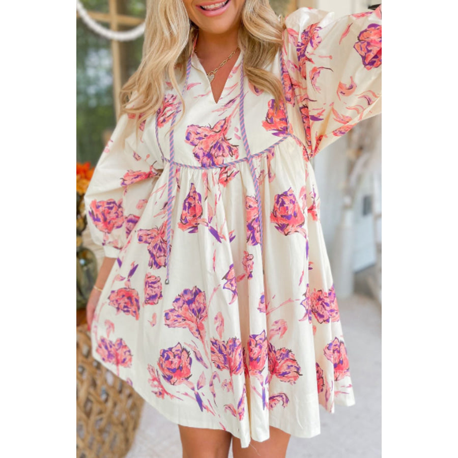 Tied Flower Printed Three-Quarter Sleeve Dress Pink / S Apparel and Accessories