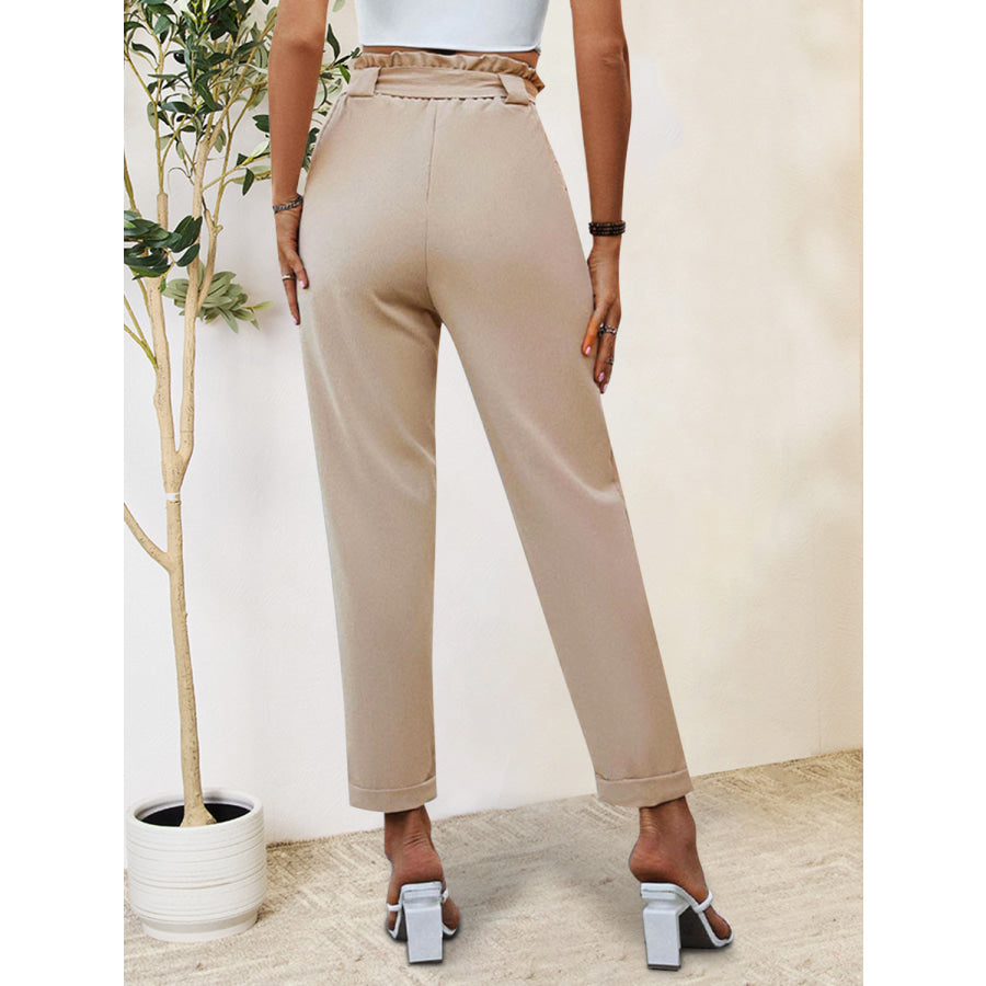 Tied Frill Pants with Pockets Tan / S Apparel and Accessories