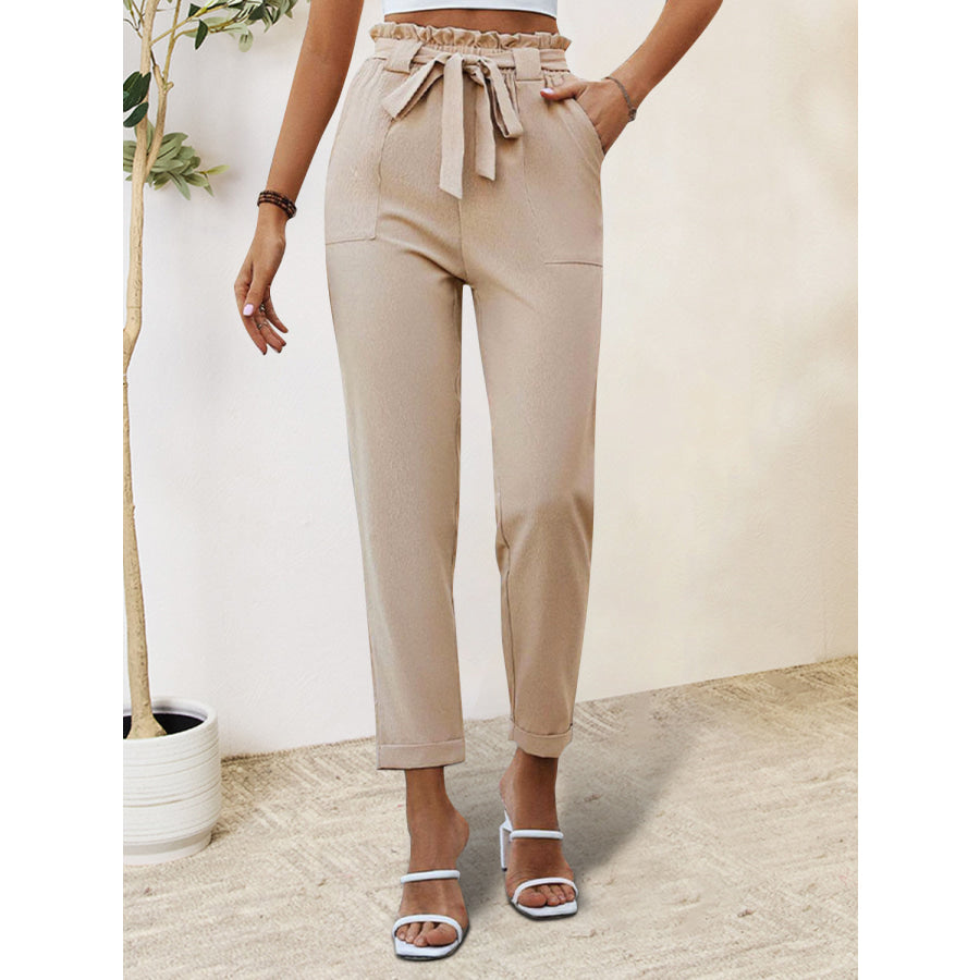 Tied Frill Pants with Pockets Tan / S Apparel and Accessories