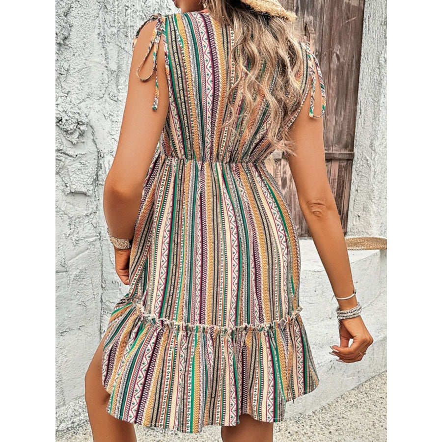 Tied Frill Printed Surplice Sleeveless Mini Dress Apparel and Accessories