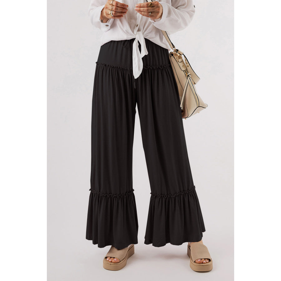 Tied Frill Ruched Bootcut Pants Black / S Apparel and Accessories