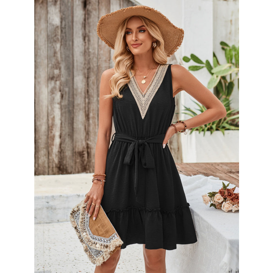 Tied Frill Sleeveless Mini Dress Black / S Apparel and Accessories