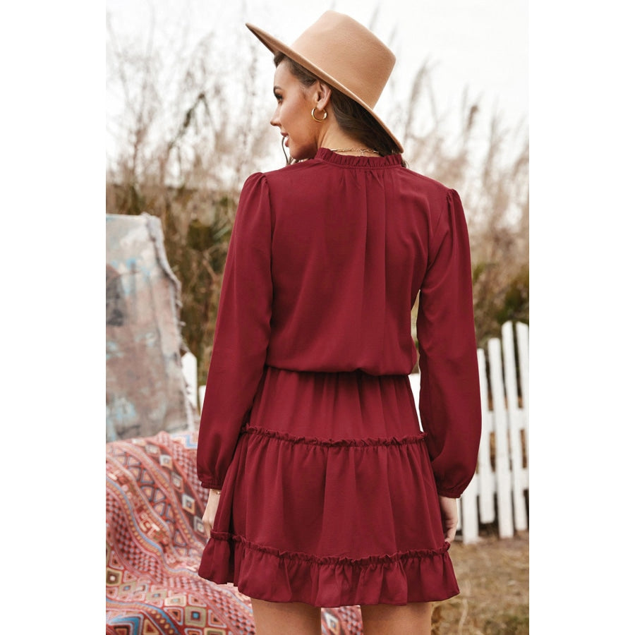 Tied Frill Trim Puff Sleeve Mini Dress