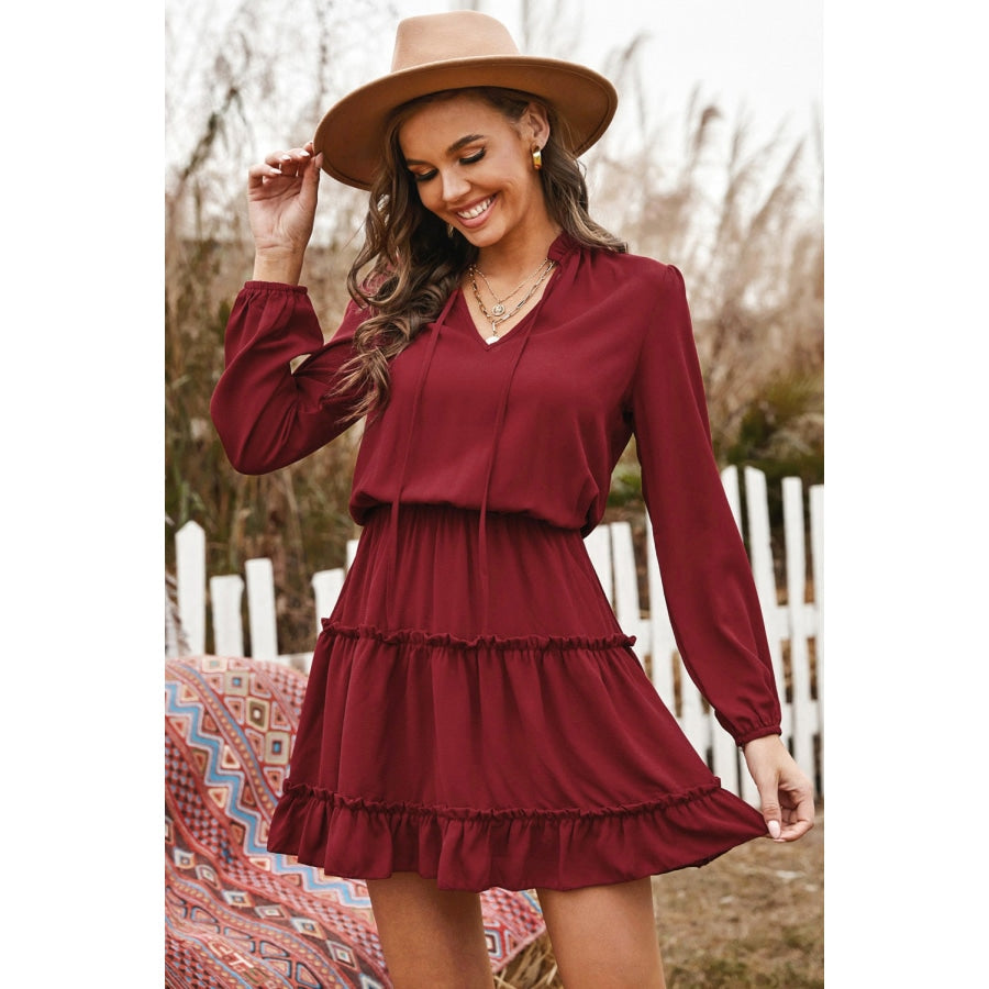 Tied Frill Trim Puff Sleeve Mini Dress