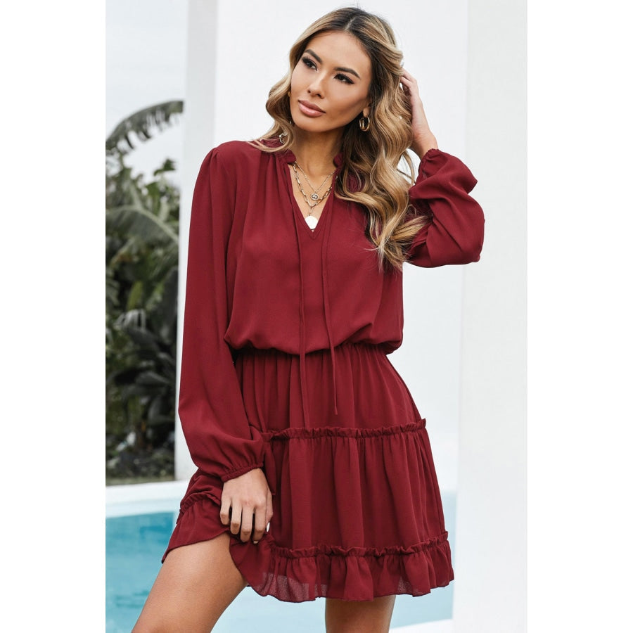 Tied Frill Trim Puff Sleeve Mini Dress