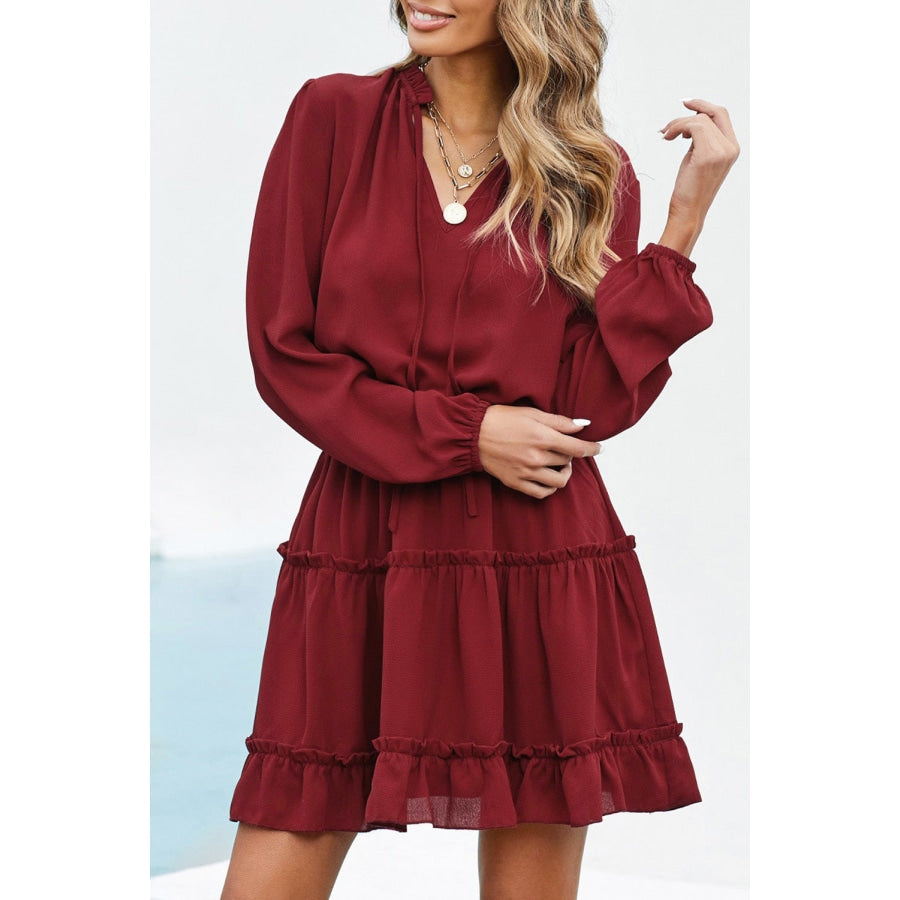 Tied Frill Trim Puff Sleeve Mini Dress