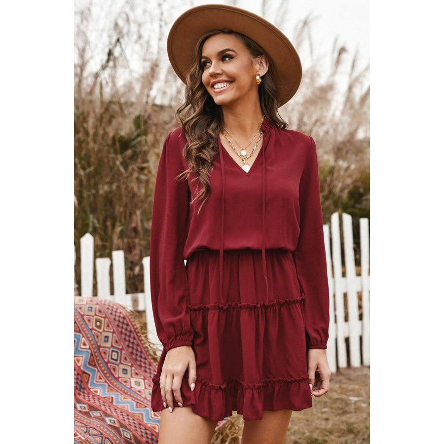 Tied Frill Trim Puff Sleeve Mini Dress Wine / S