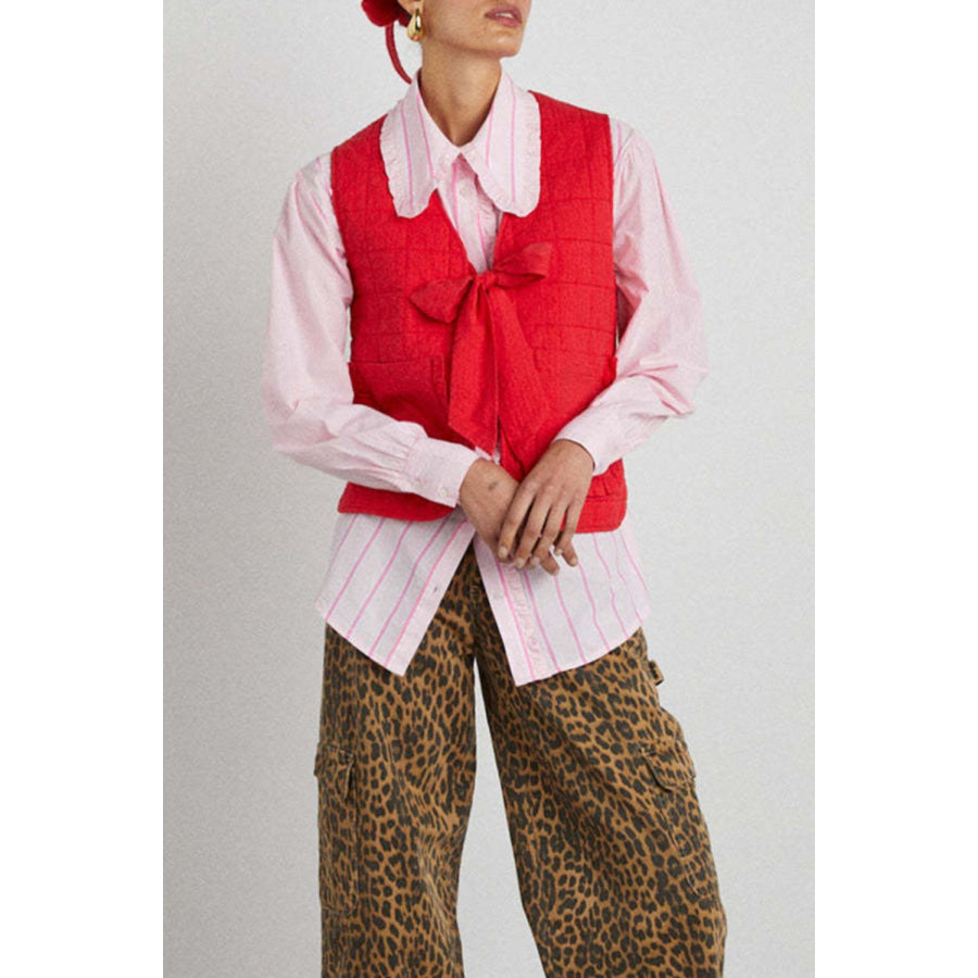 Tied Frill Vest Coat with Pockets Red / S Apparel and Accessories