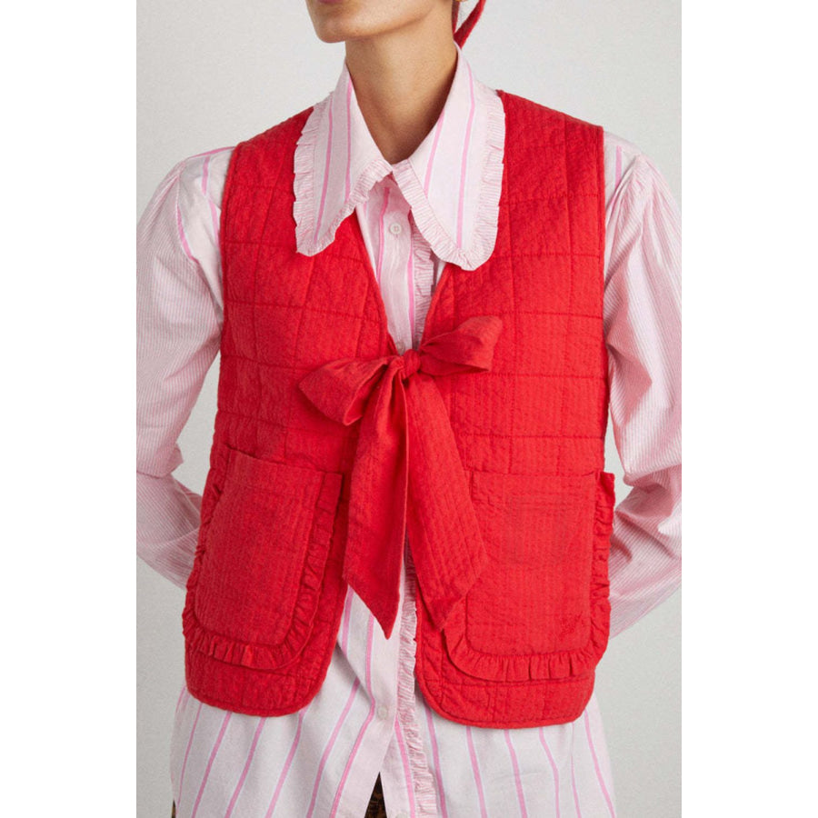 Tied Frill Vest Coat with Pockets Red / S Apparel and Accessories