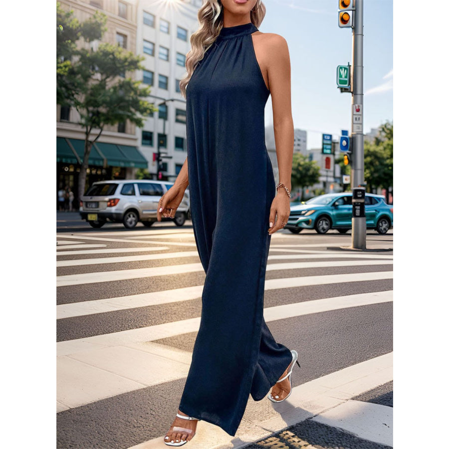 Tied Grecian Wide Leg Jumpsuit Dark Blue / S Apparel and Accessories