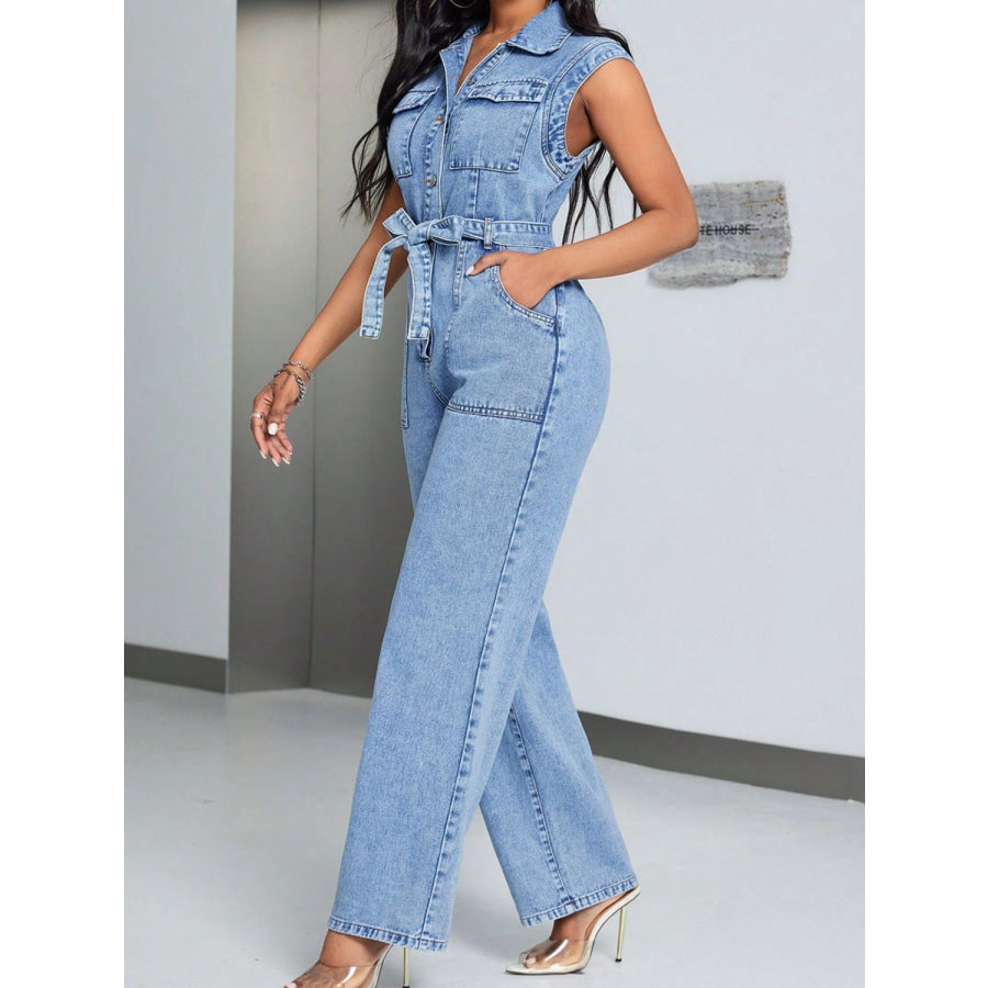 Tied Half Button Denim Jumpsuit with Pockets Apparel and Accessories