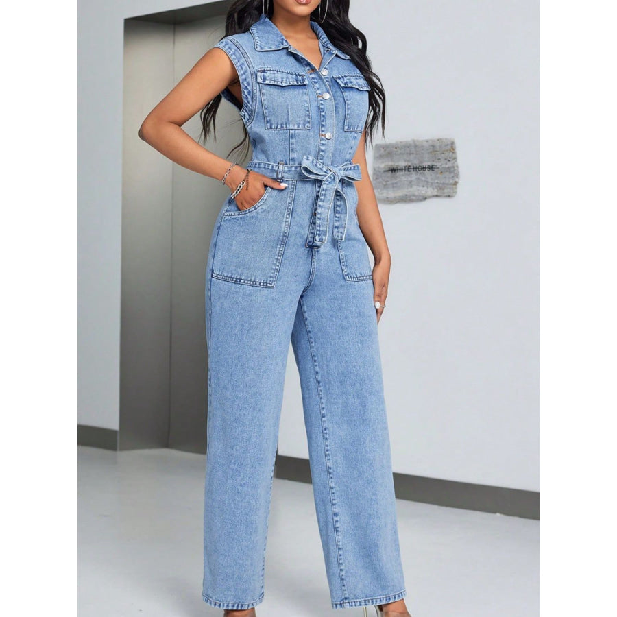 Tied Half Button Denim Jumpsuit with Pockets Apparel and Accessories