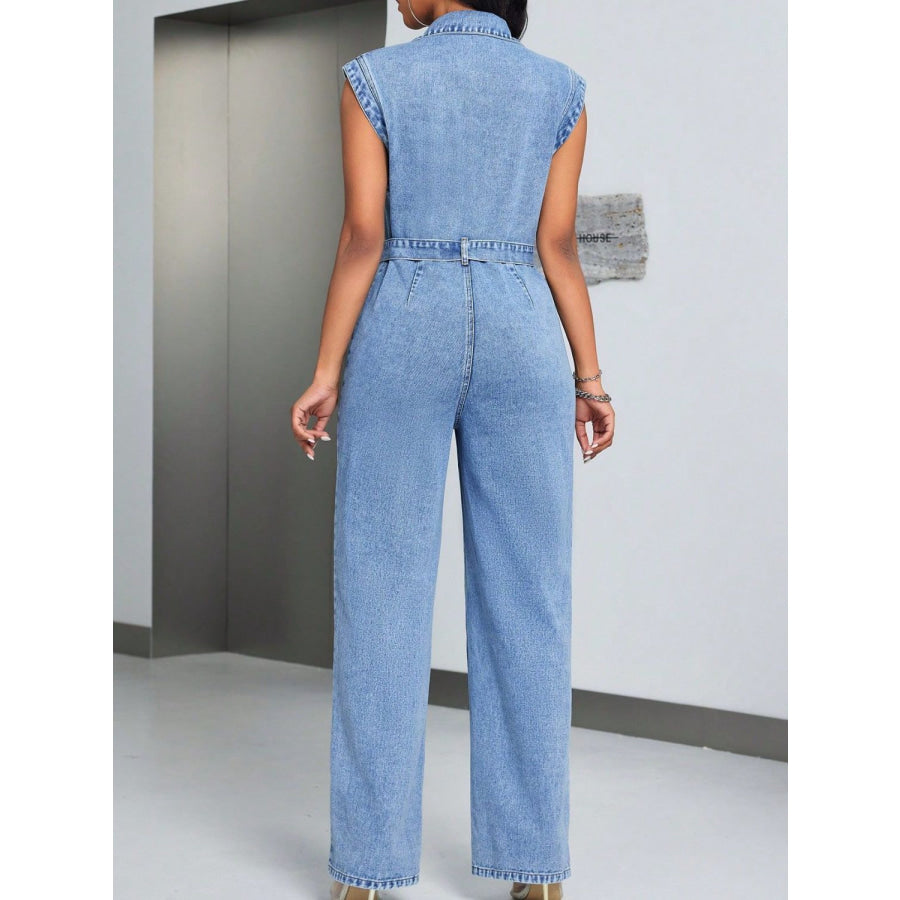 Tied Half Button Denim Jumpsuit with Pockets Apparel and Accessories