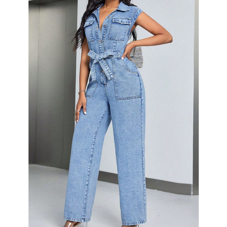 Tied Half Button Denim Jumpsuit with Pockets Medium / XS Apparel and Accessories