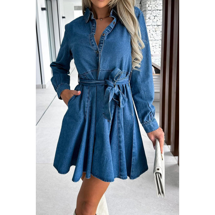 Tied Half Button Long Sleeve Denim Dress Dusty Blue / S Apparel and Accessories