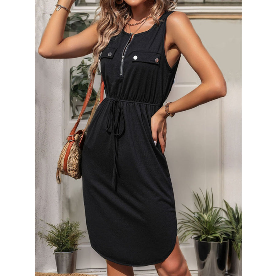 Tied Half Zip Wide Strap Dress Black / S Apparel and Accessories