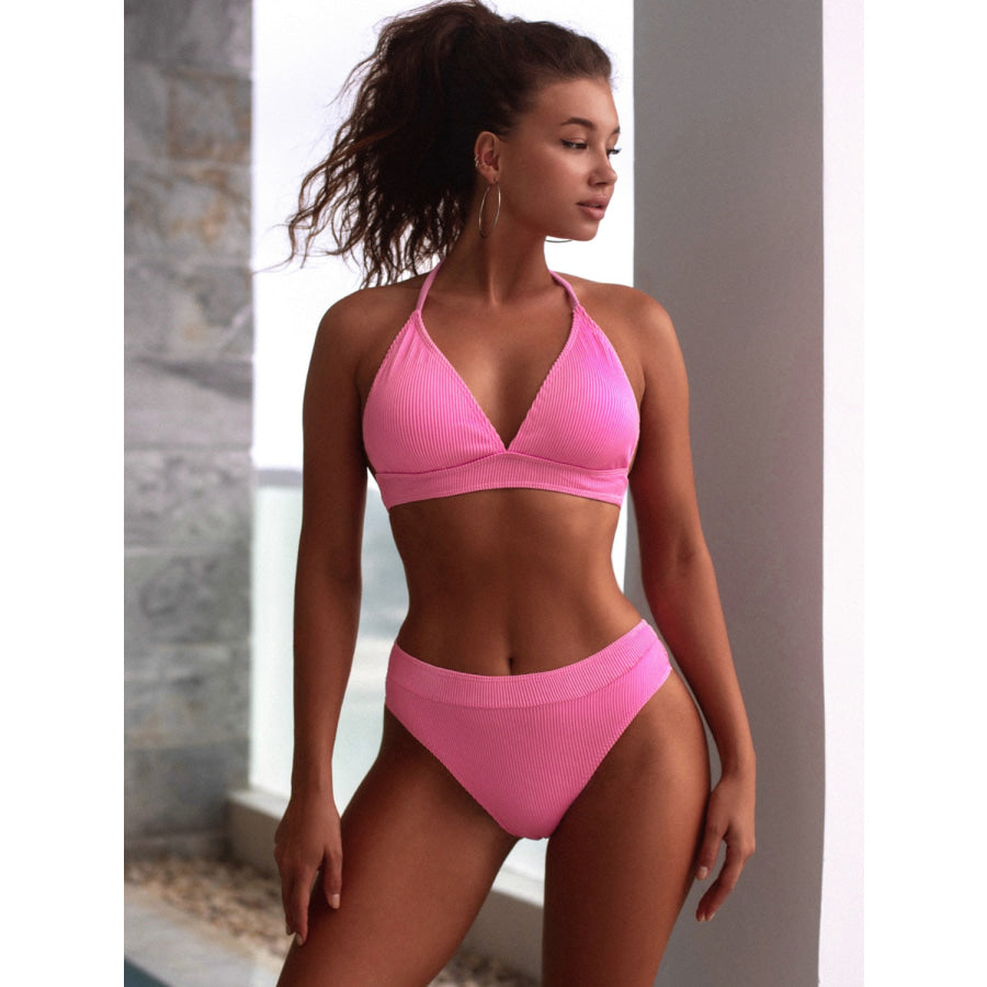 Tied Halter Neck Bikini Set Fuchsia Pink / S Apparel and Accessories