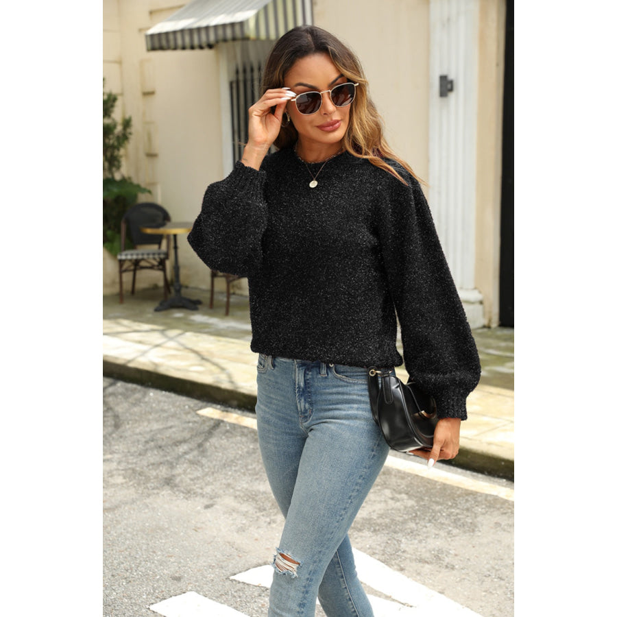 Tied Heathered Round Neck Long Sleeve Sweater Apparel and Accessories