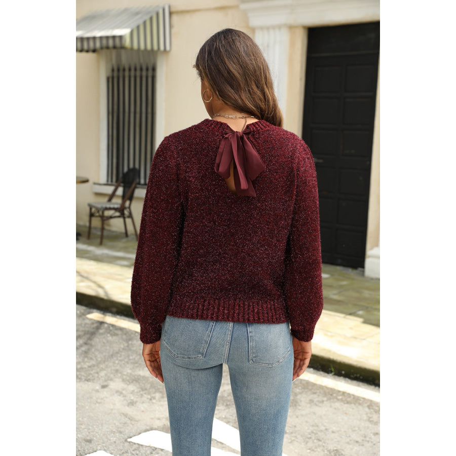 Tied Heathered Round Neck Long Sleeve Sweater Burgundy / XS Apparel and Accessories