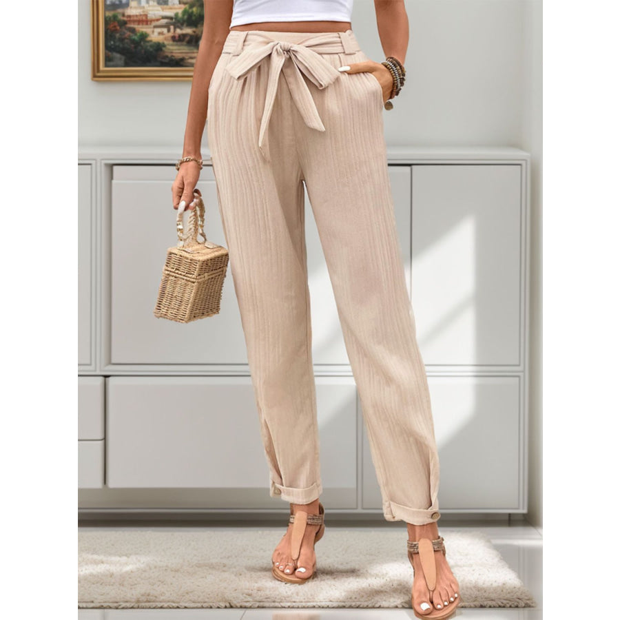 Tied High Waist Pants Tan / S Apparel and Accessories