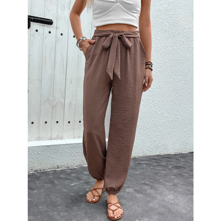 Tied High Waist Pants with Pockets Apparel and Accessories