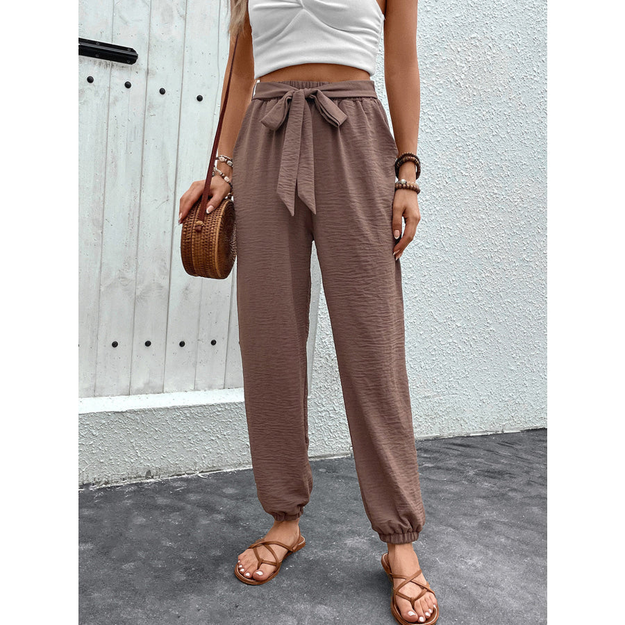 Tied High Waist Pants with Pockets Apparel and Accessories